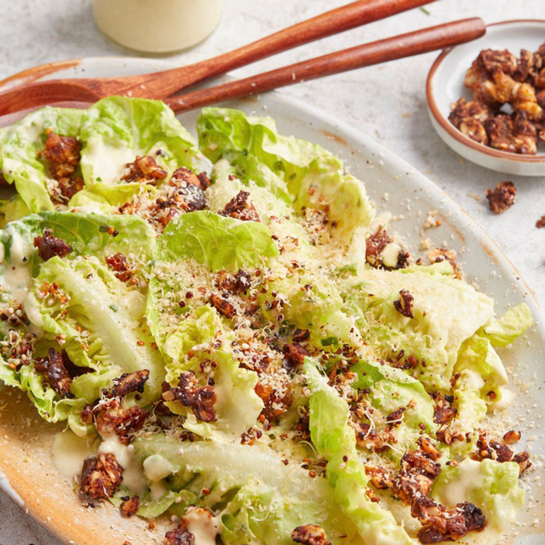 Platter of salad with croutons on a light background