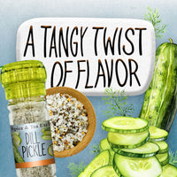 Dill Pickle Sea Salt in Grinder next to cucumber slices, stating a tangy twist of flavor